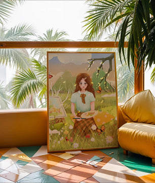 Ilustración de una chica pintando al aire libre rodeada de mariposas y flores