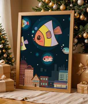 Poisson de dessin animé flottant au-dessus d'une ville nocturne avec des étoiles
