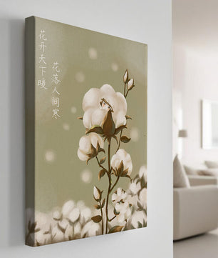 Plante de coton illustrée avec un personnage caché sur un fond vert doux
