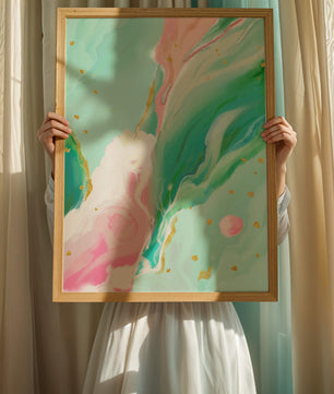 Obra de arte abstracta en pasteles y dorado con patrones fluidos