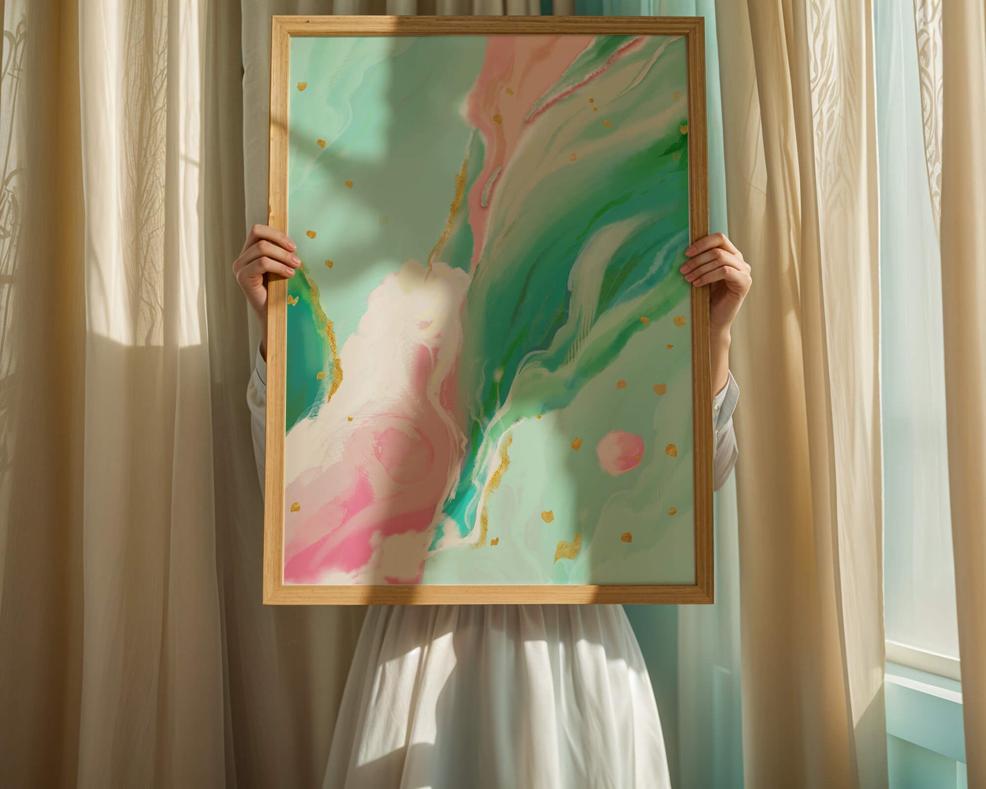 Obra de arte abstracta en pasteles y dorado con patrones fluidos