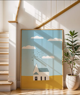 Paisaje minimalista con una casa blanca y cielo