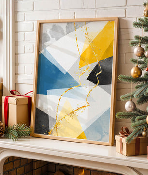 Abstract Geometric Art with Gold Accents in Blue, Yellow, and Gray - Mi tienda