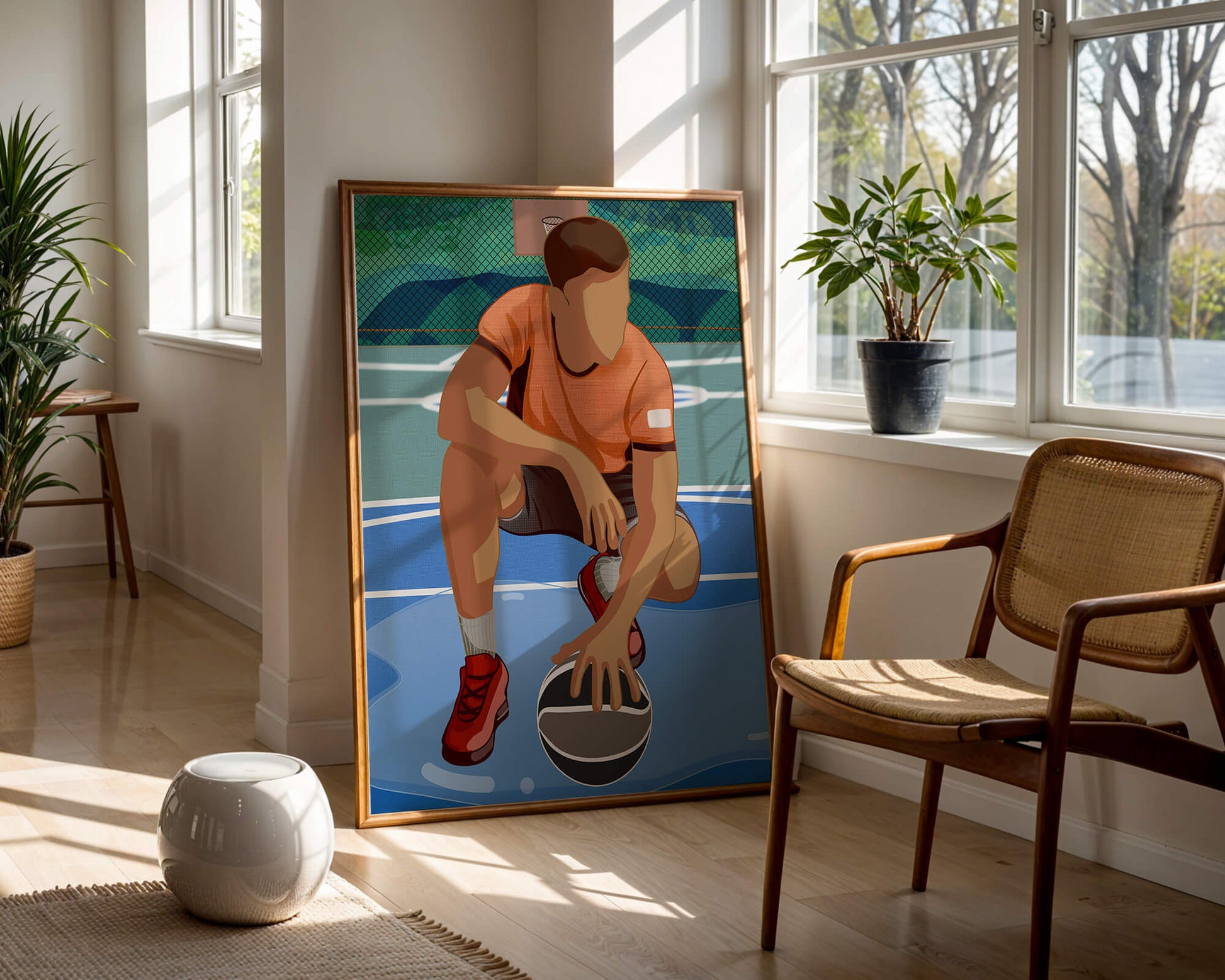 Illustration of a basketball player on a court in a dynamic pose