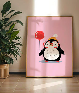 Ilustración adorable de un pingüino con globo y gafas