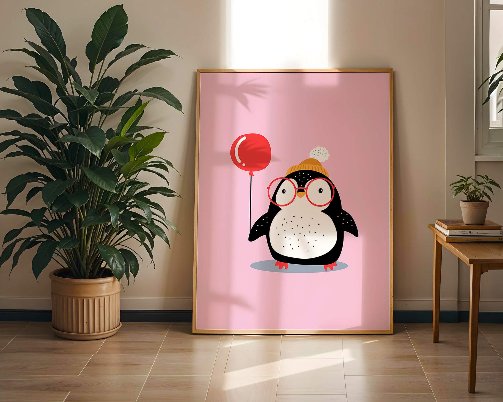 Adorable penguin with balloon and glasses illustration