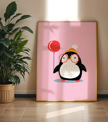 Adorable penguin with balloon and glasses illustration
