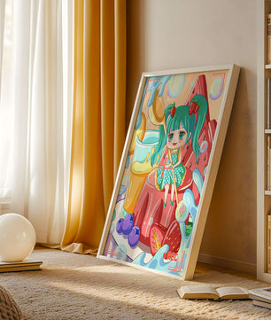 Scène de dessert fantaisiste avec un personnage mignon et des couleurs vives