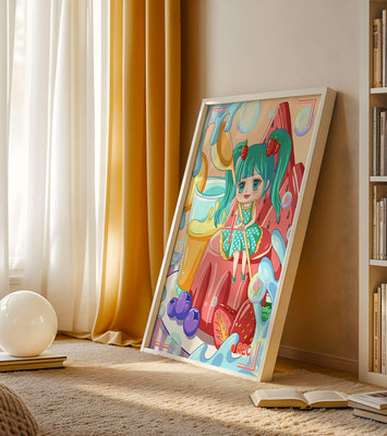 Whimsical dessert scene with cute character and vibrant colors