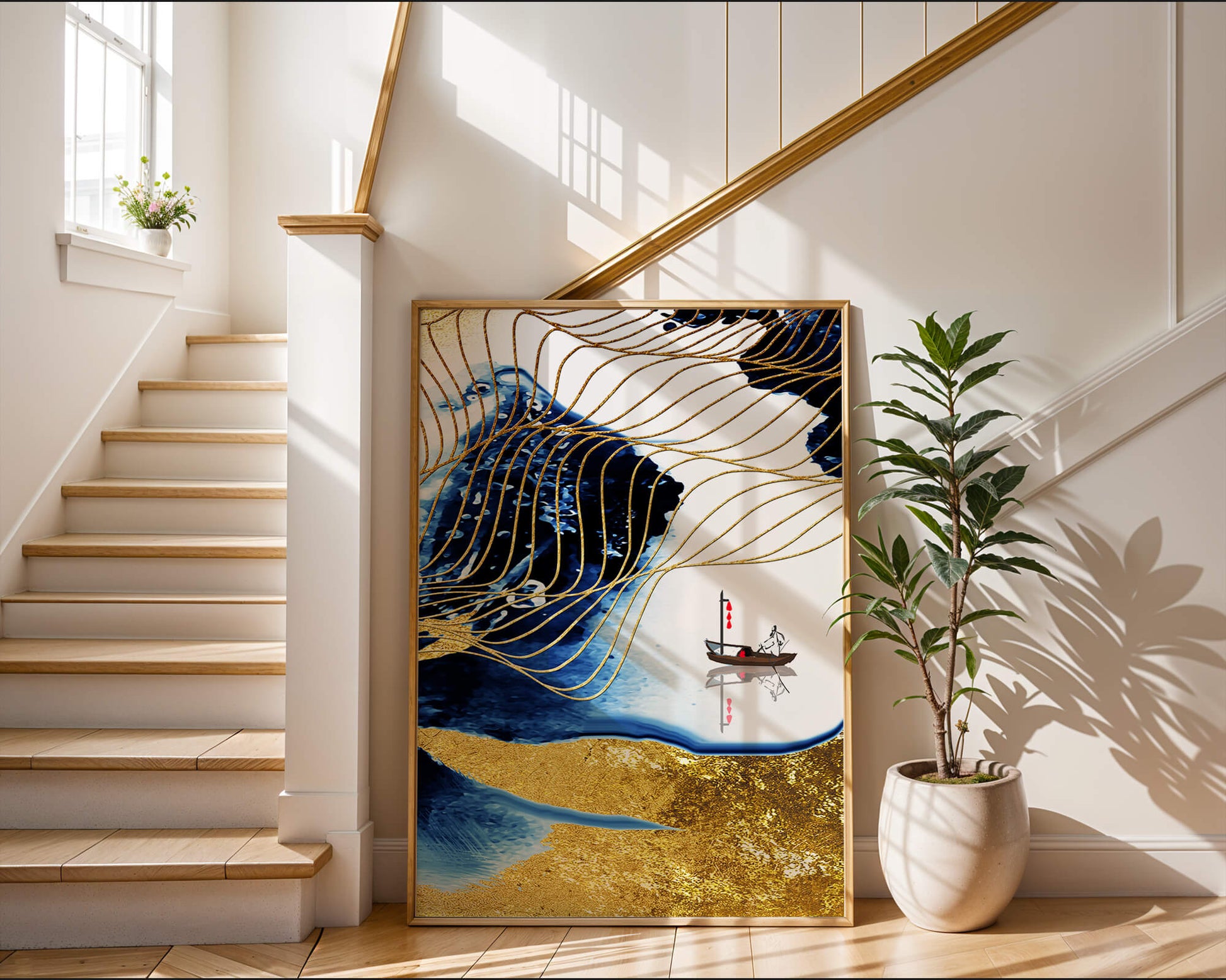 Paisaje abstracto con olas doradas y un barco solitario sobre fondo azul y blanco.