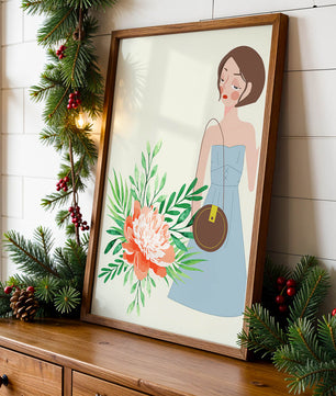 Ilustración de una mujer en vestido azul con diseño floral