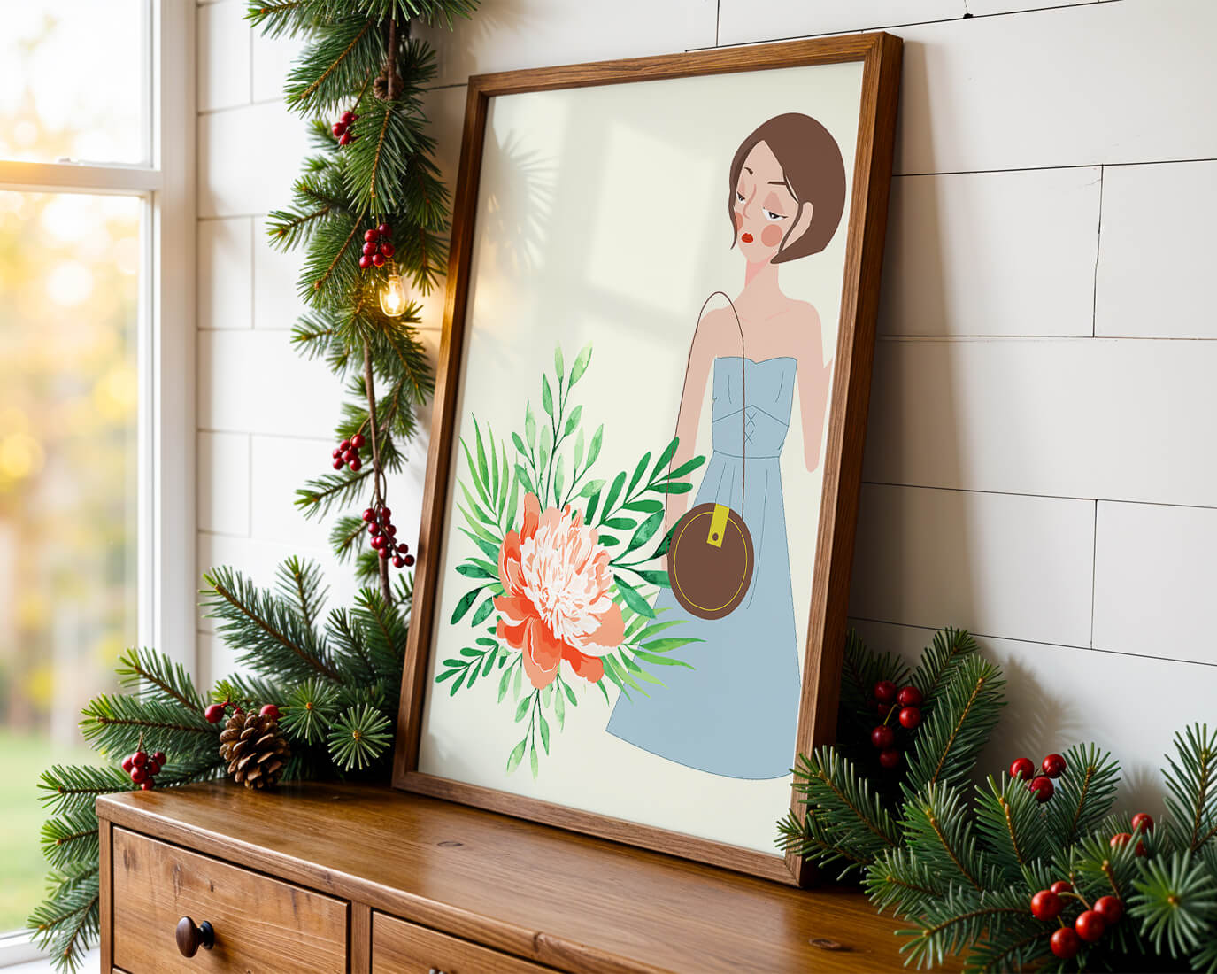 Ilustración de una mujer en vestido azul con diseño floral