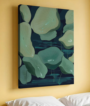 Green lily pads on a dark water background illustration