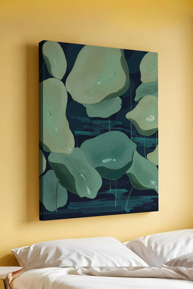 Green lily pads on a dark water background illustration
