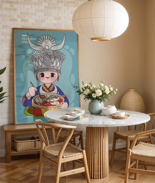Charming illustration of a person in traditional attire enjoying a meal