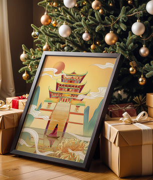 Ancient temple with serene landscape and vibrant colors artwork