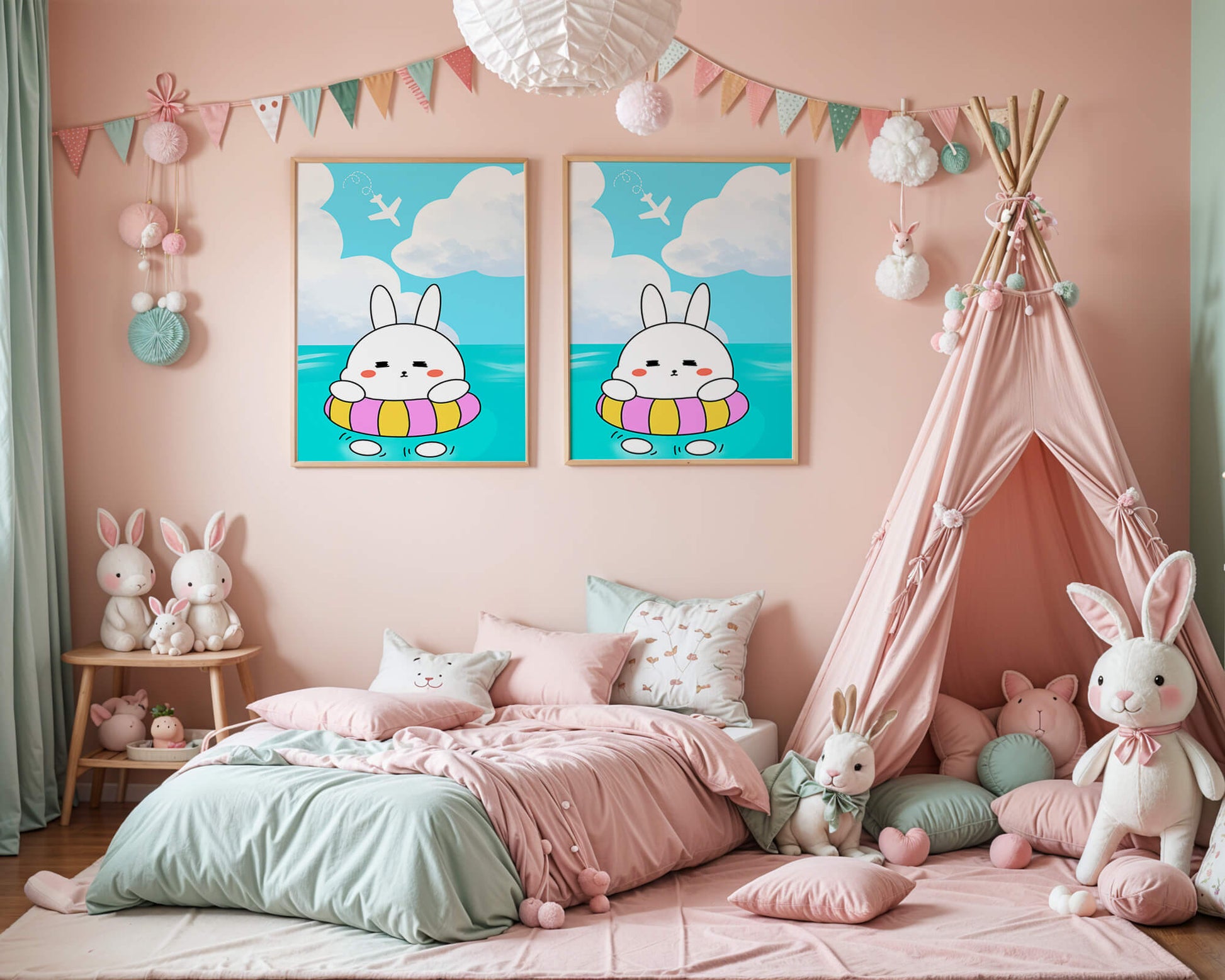 Illustration of a cute bunny floating on a colorful inflatable in a blue ocean under a bright sky with an airplane