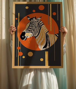 Arte moderno de cebra con acentos dorados sobre fondo abstracto