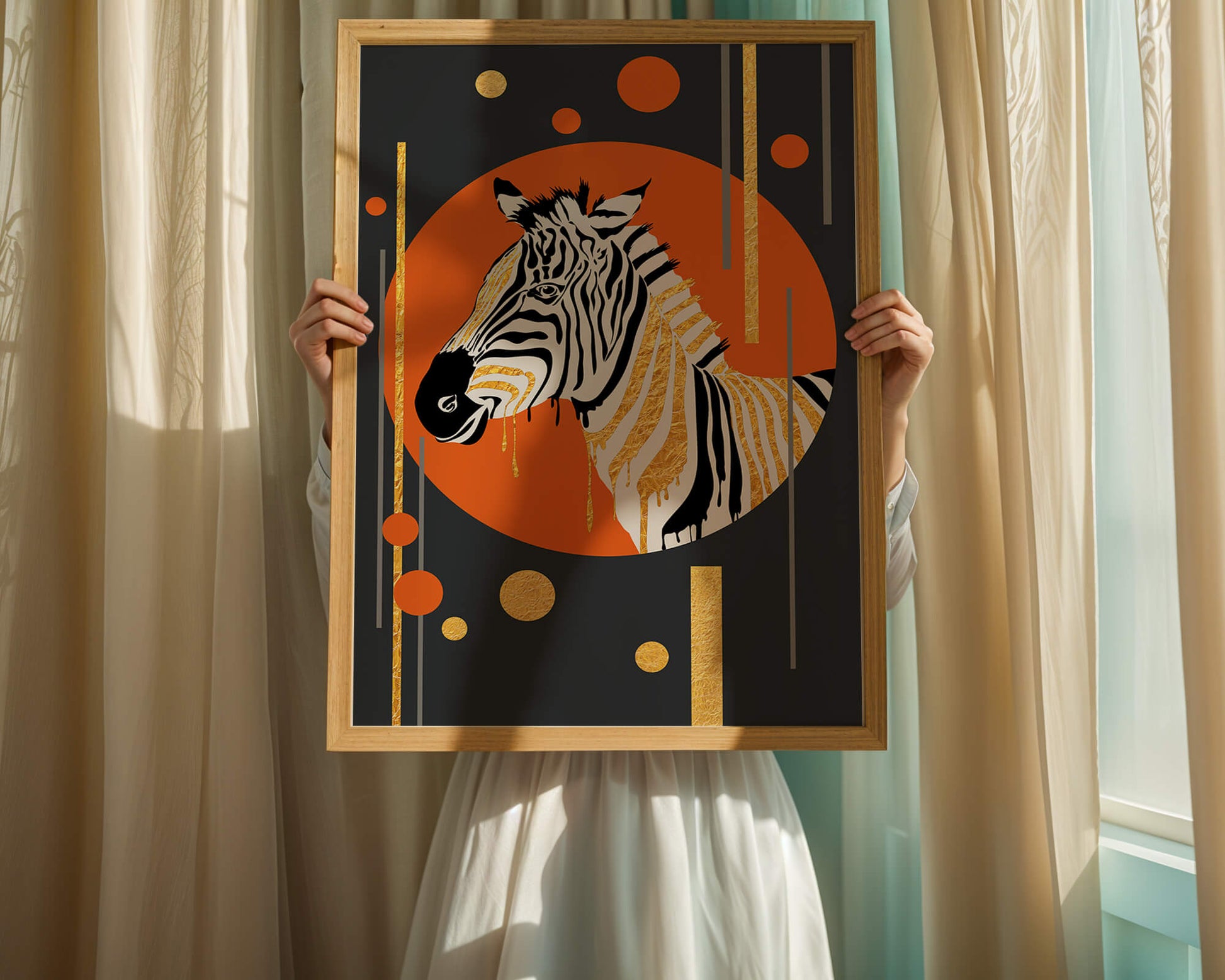 Modern zebra art with golden accents on abstract background