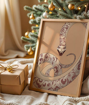 Elegant coiled snake with floral patterns in an artistic composition