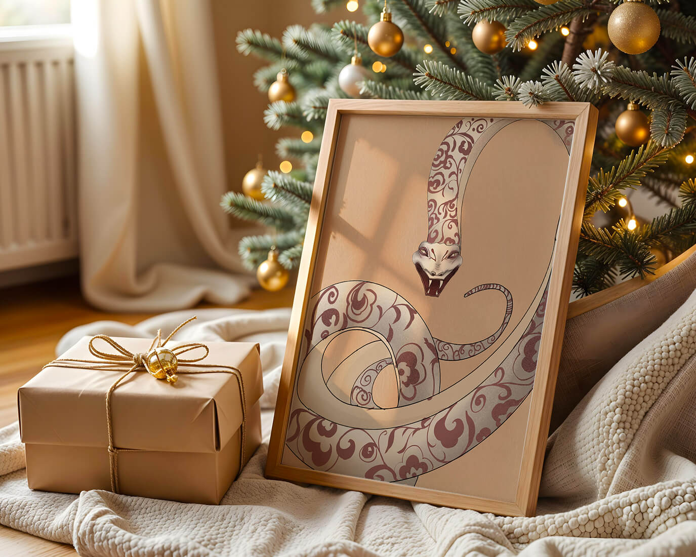 Elegant coiled snake with floral patterns in an artistic composition