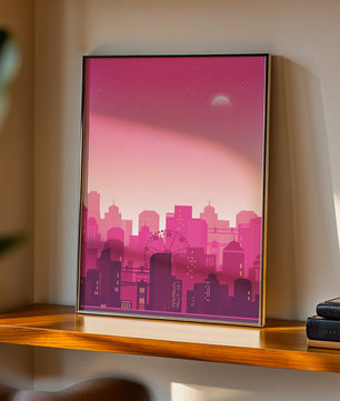 Skyline urbano al anochecer con degradado rosa y noria