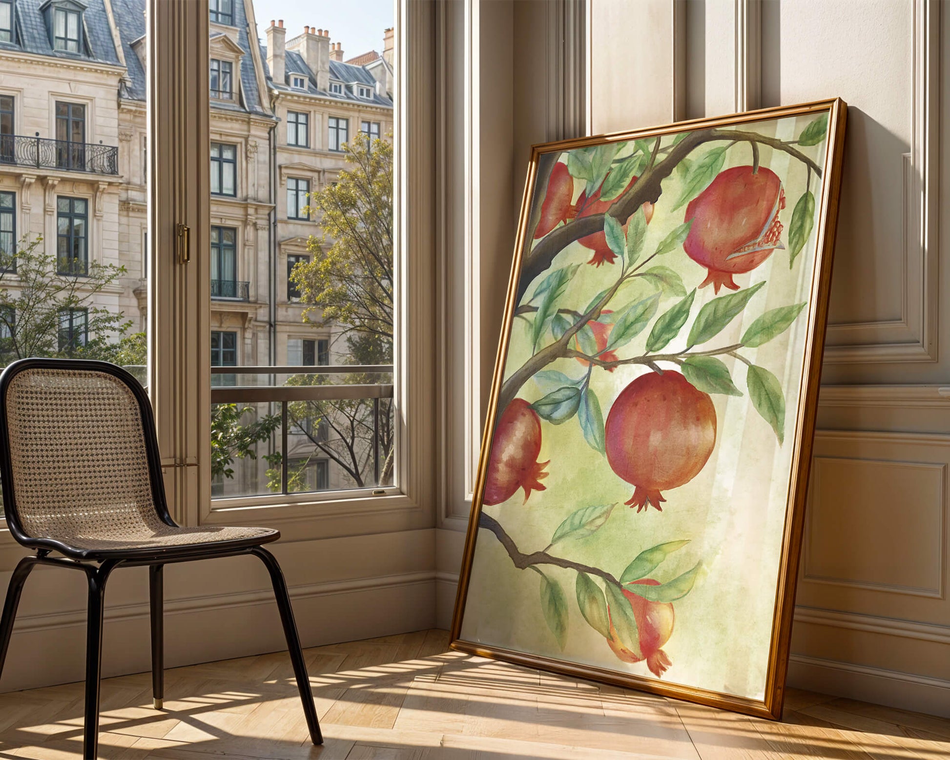 Watercolor illustration of pomegranates on a branch with leaves
