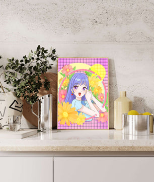Anime-Mädchen mit leuchtenden Blumen und lila Haaren auf buntem Hintergrund