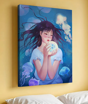 Enchanted underwater scene with girl and glowing jellyfish