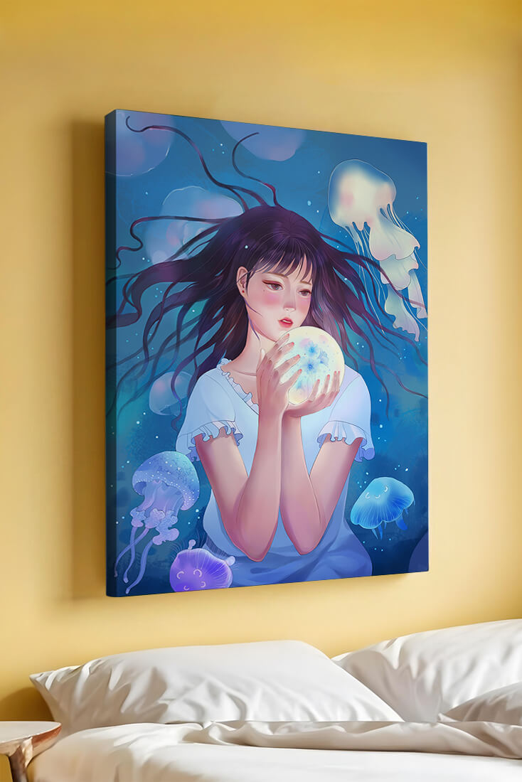 Enchanted underwater scene with girl and glowing jellyfish