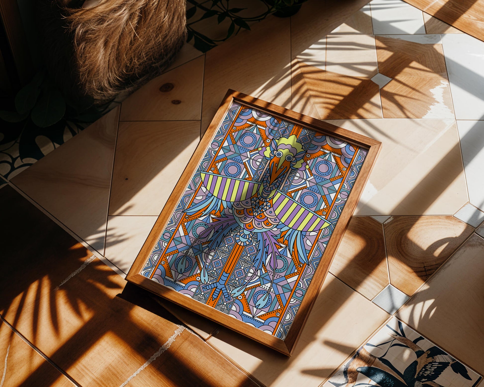 Oiseau géométrique coloré avec motifs détaillés