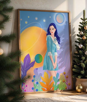 Ilustración de fantasía de una mujer en un jardín cósmico con colores vibrantes