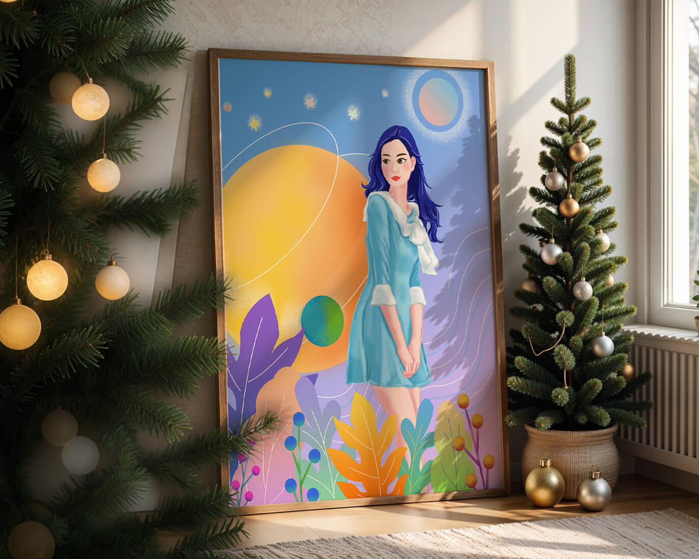 Ilustración de fantasía de una mujer en un jardín cósmico con colores vibrantes