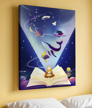 Imaginative galaxy scene with books and a child