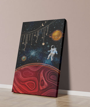 Escena espacial surrealista con astronauta y elementos celestiales