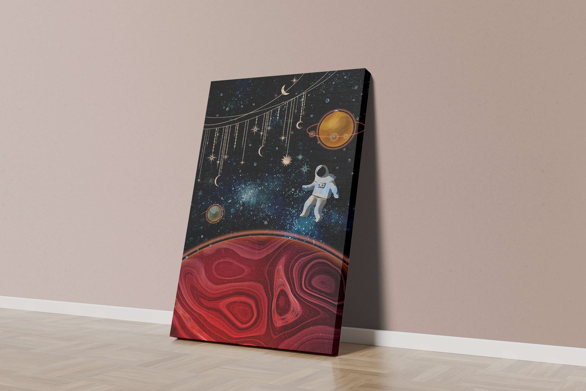 Surreal space scene with astronaut and celestial elements