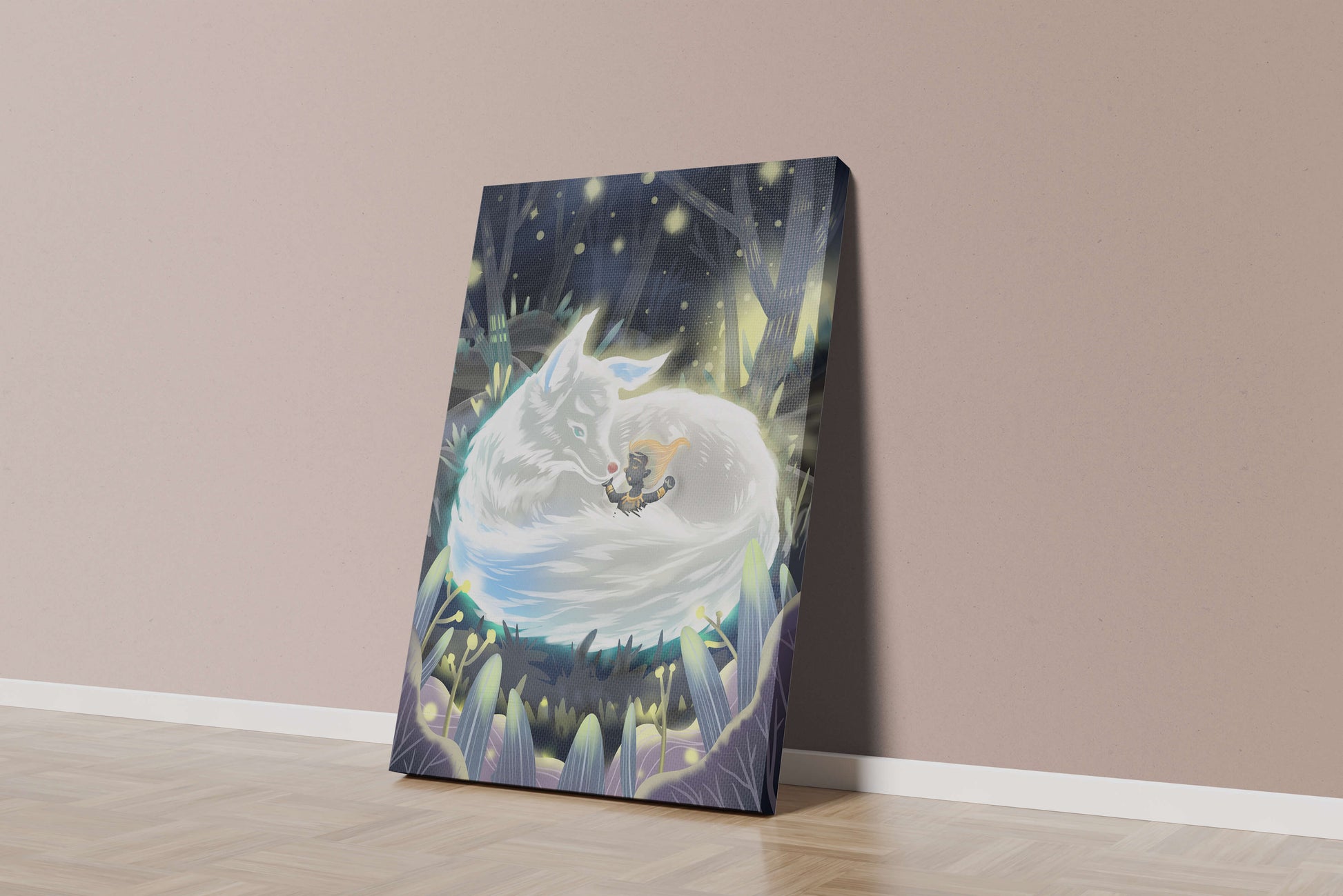 Whimsical forest scene with a sleeping wolf and a mysterious figure at night
