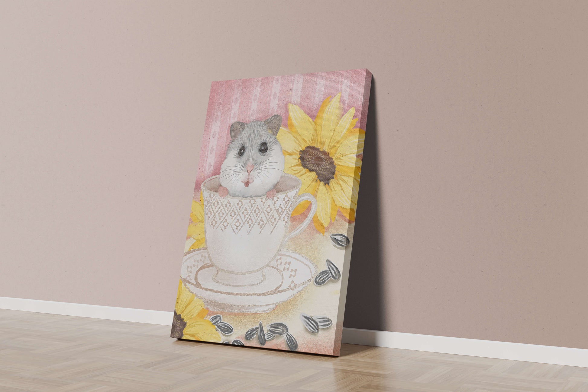 Adorable hamster in teacup with sunflowers and seeds