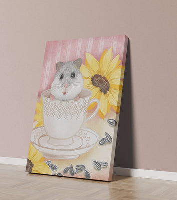 Adorable hamster in teacup with sunflowers and seeds