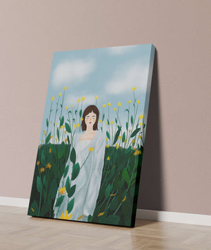 Femme en manteau blanc parmi les fleurs jaunes