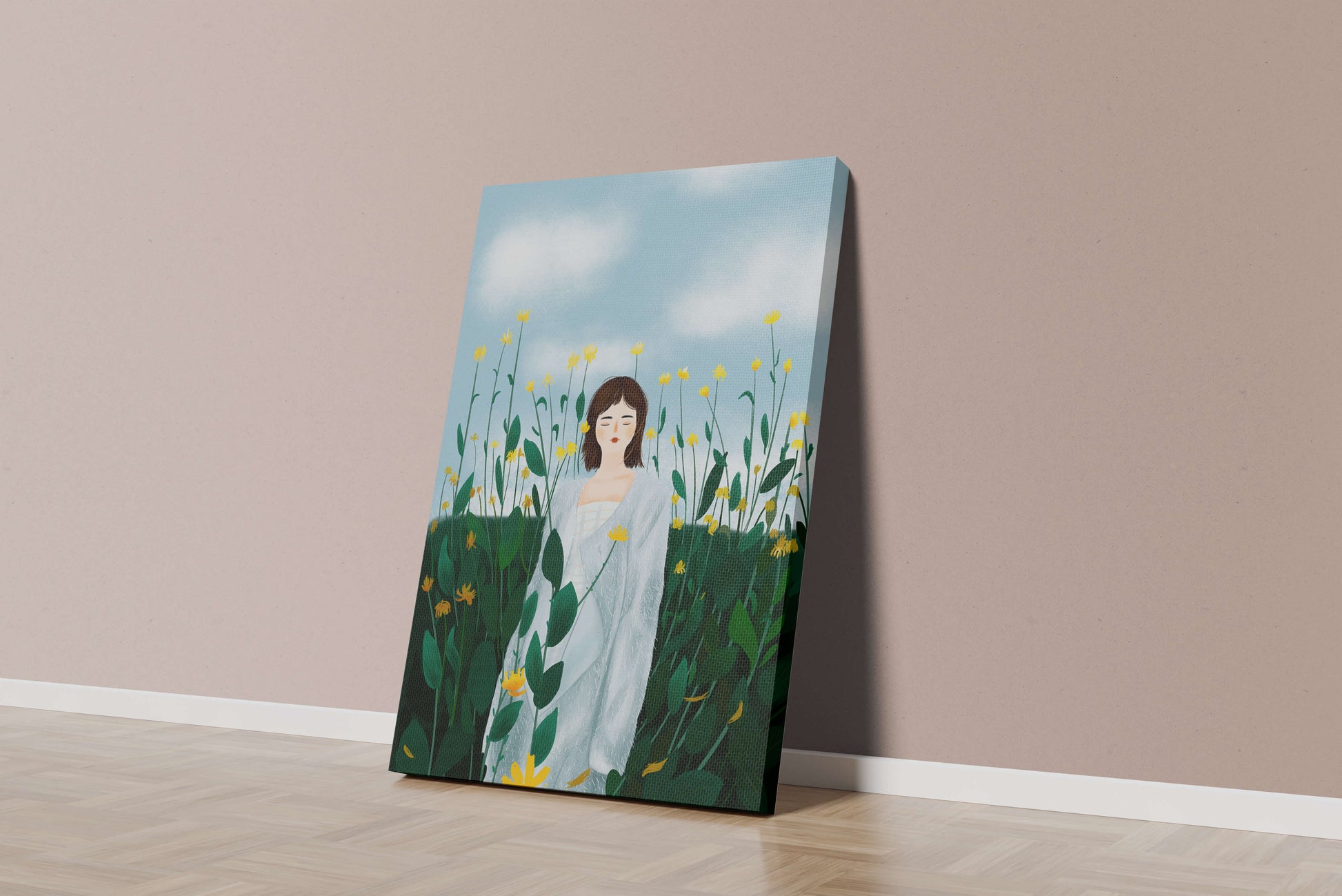 Mujer con abrigo blanco entre flores amarillas