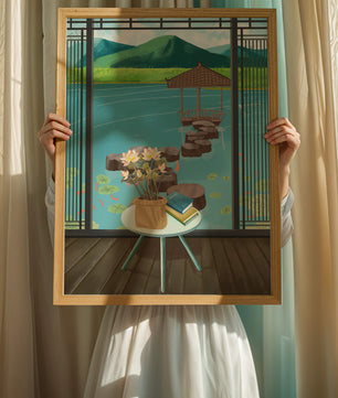 Scenic view from a room overlooking a tranquil water garden with stepping stones and mountains