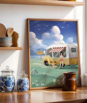 Girl with dog by camper van in serene nature setting