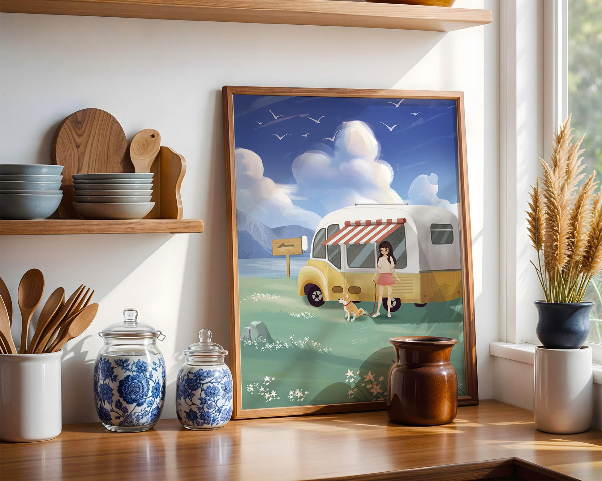 Girl with dog by camper van in serene nature setting