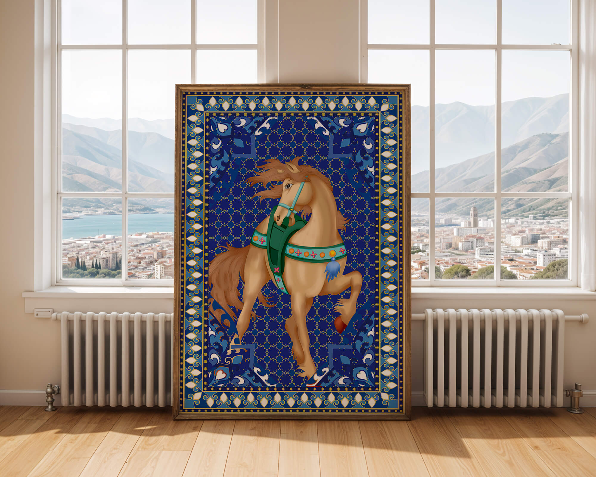 Intricate patterned horse art with a vibrant decorative border