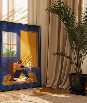 Woman sitting with an open magical book and a fairy in a room