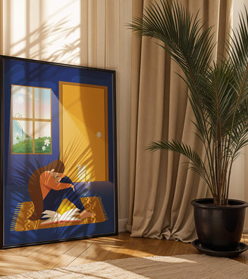 Woman sitting with an open magical book and a fairy in a room