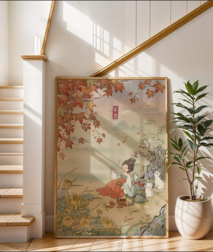 Traditional Chinese painting with autumn scenery and lady sipping tea