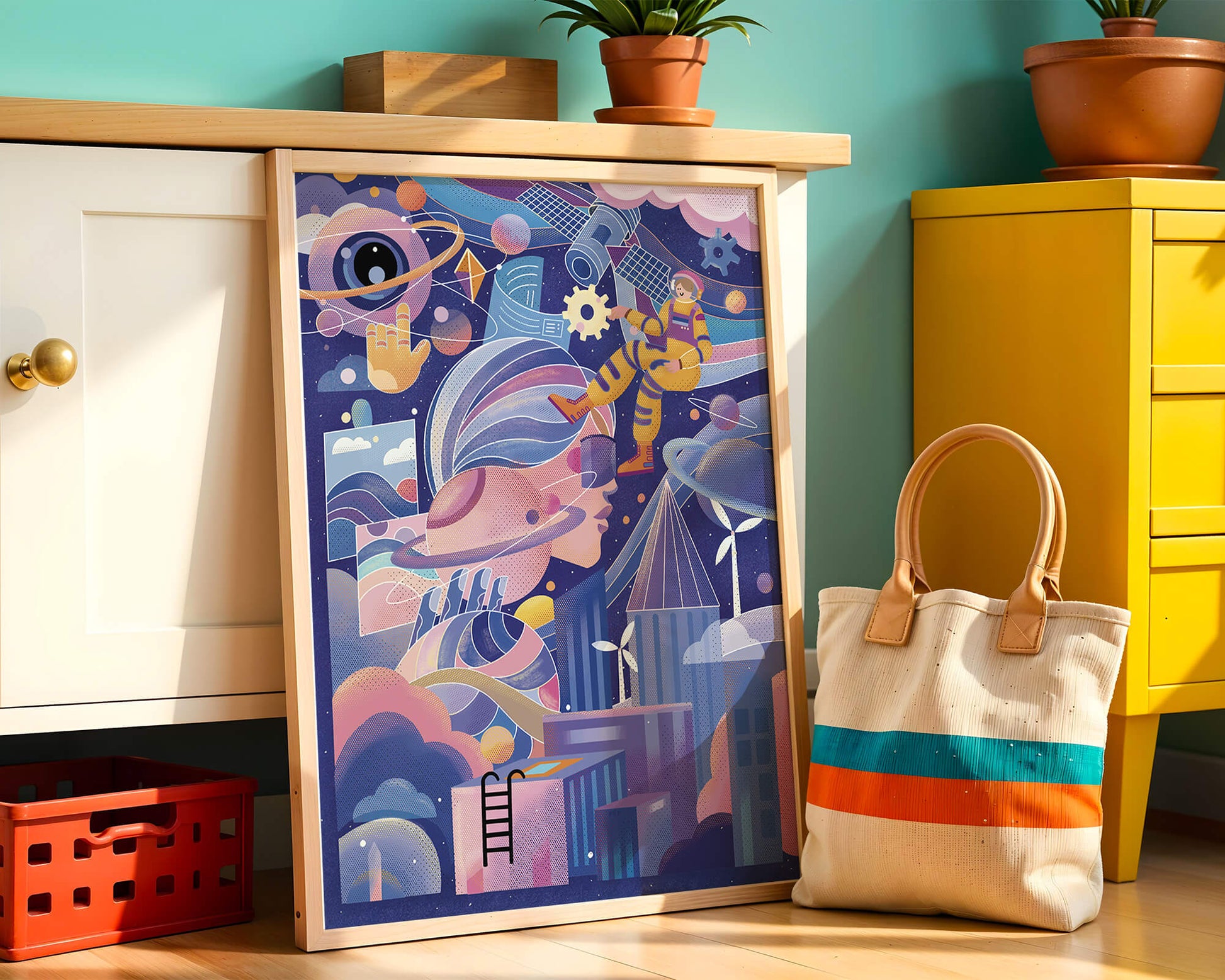 Farbenfrohe futuristische Weltraumillustration mit Astronauten und abstrakten Elementen