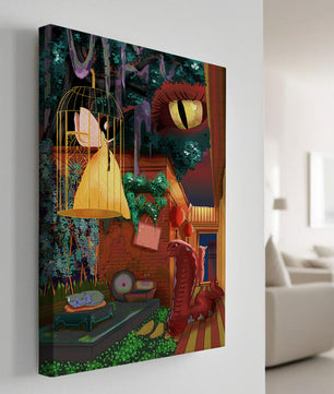 Jardín encantado con hada, serpiente y elementos misteriosos